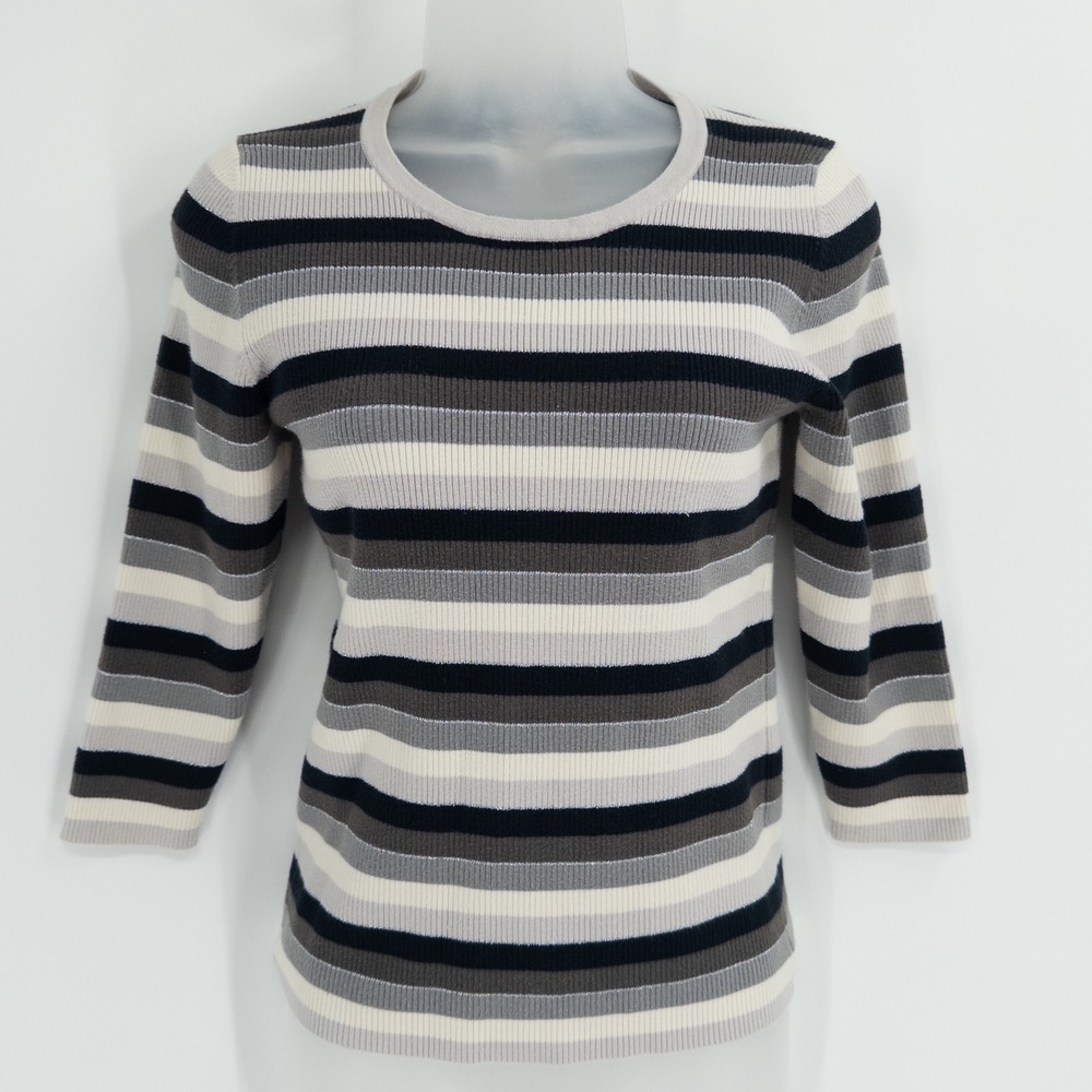 Y2K Fitted Knit Top Womens M Grey Striped Ribbed Stretch Metallic Preppy Tight